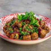 Tempeh balls with sweet and sour tamarind sauce