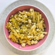 Thickly sliced pickled mustard greens with crumbled white tofu