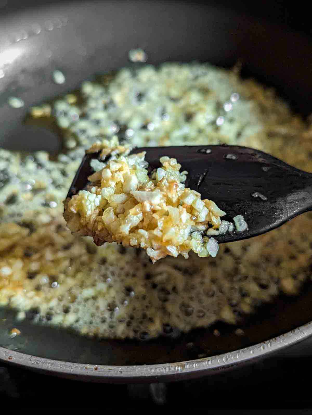 Close up of spoon with fried garlic and onion