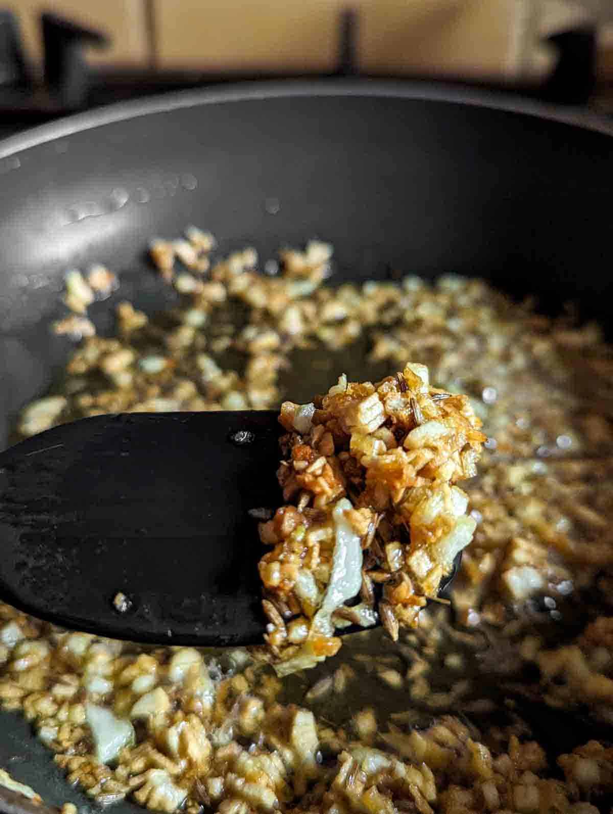 Close up of spoon with fried garlic, onion, and cumin