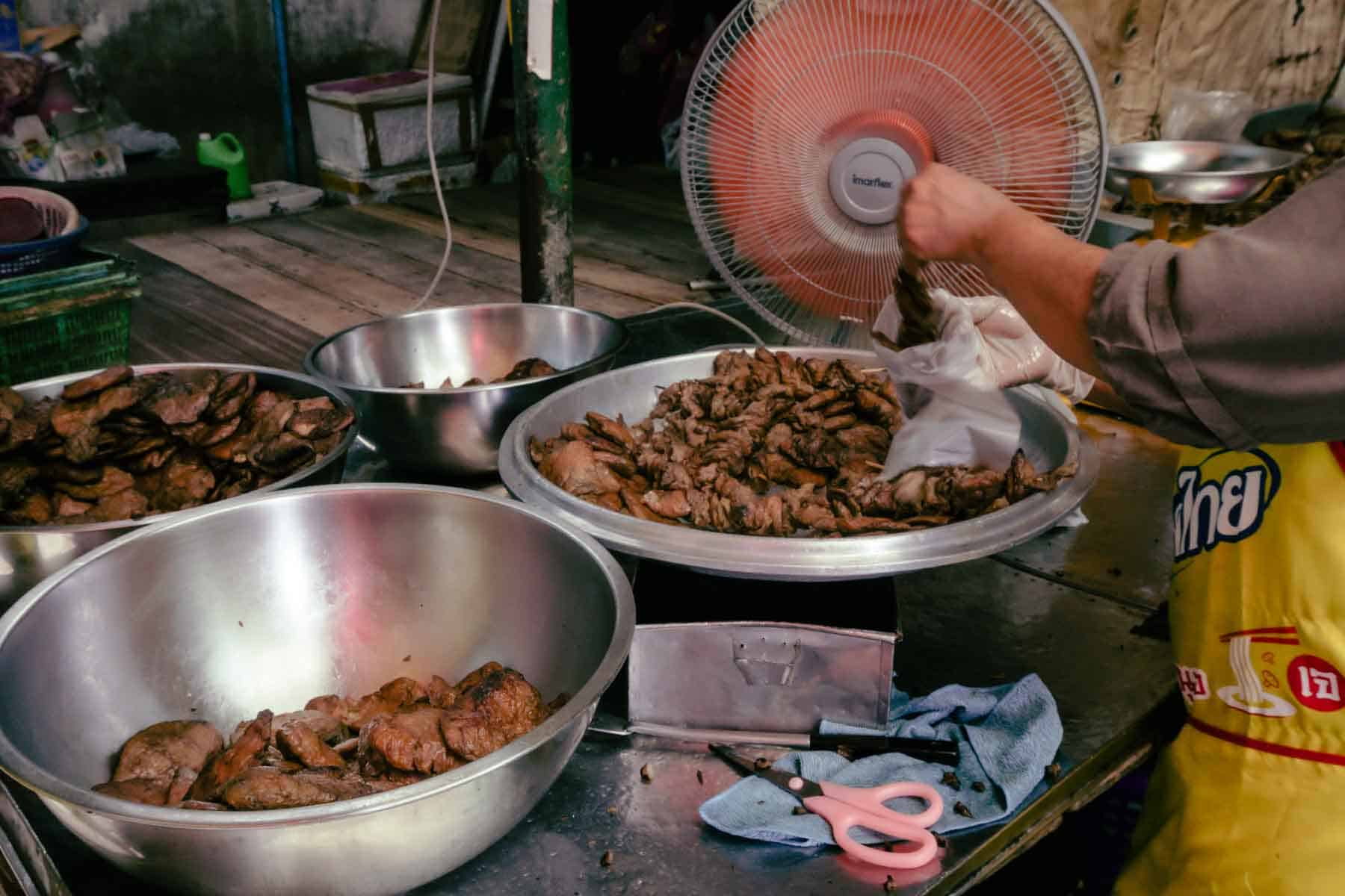 large bowls of charred vegan pork chunks
