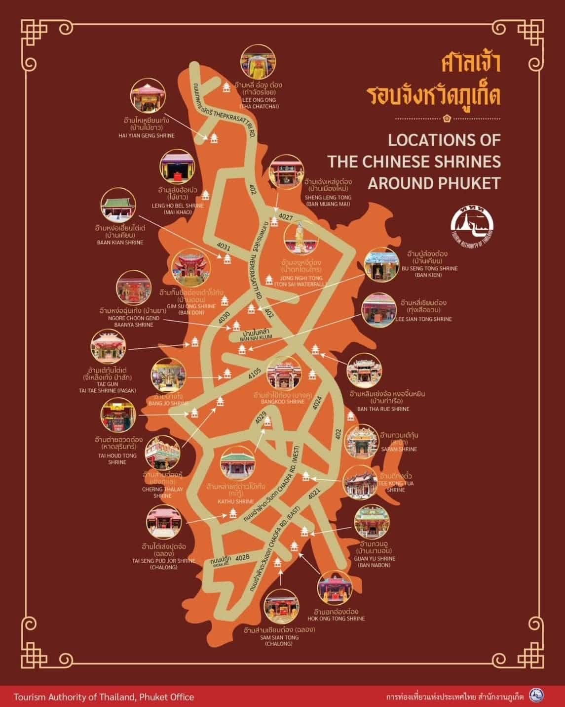 Phuket island map with icons to represent the Chinese Shrines on the island