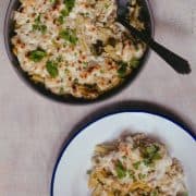 Top down photo of a round metal pan with a baked pasta casserole next to a plate with a portion of the paste dished up. The pasta is coated in a beige sauce and topped with melted white vegan cheese. Flecks of green herbs are scattered over the surface of both dishes.