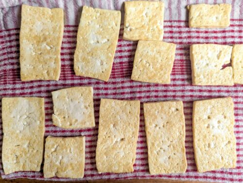 top down view of thin slices of tofu, golden from frying, laying on a red and white tea towel